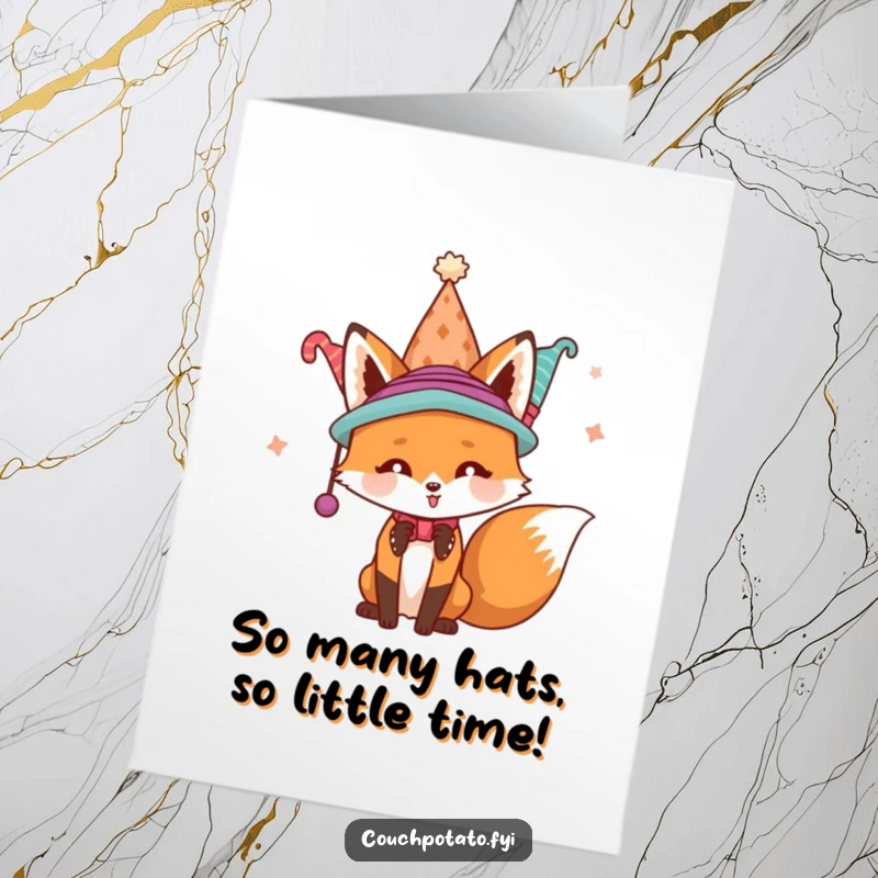 Funny Free Printable Birthday Card: Playful fox enthusiastically trying on many hats at once, a comical and festive design.