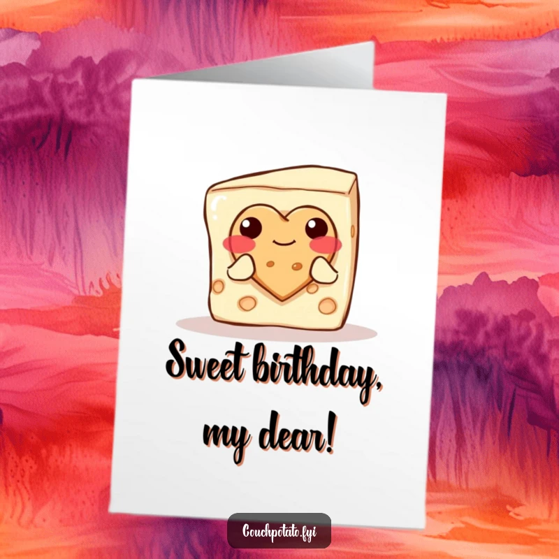 Funny Free Printable Birthday Card featuring a blushing cream cheese block offering a heart-shaped cookie.