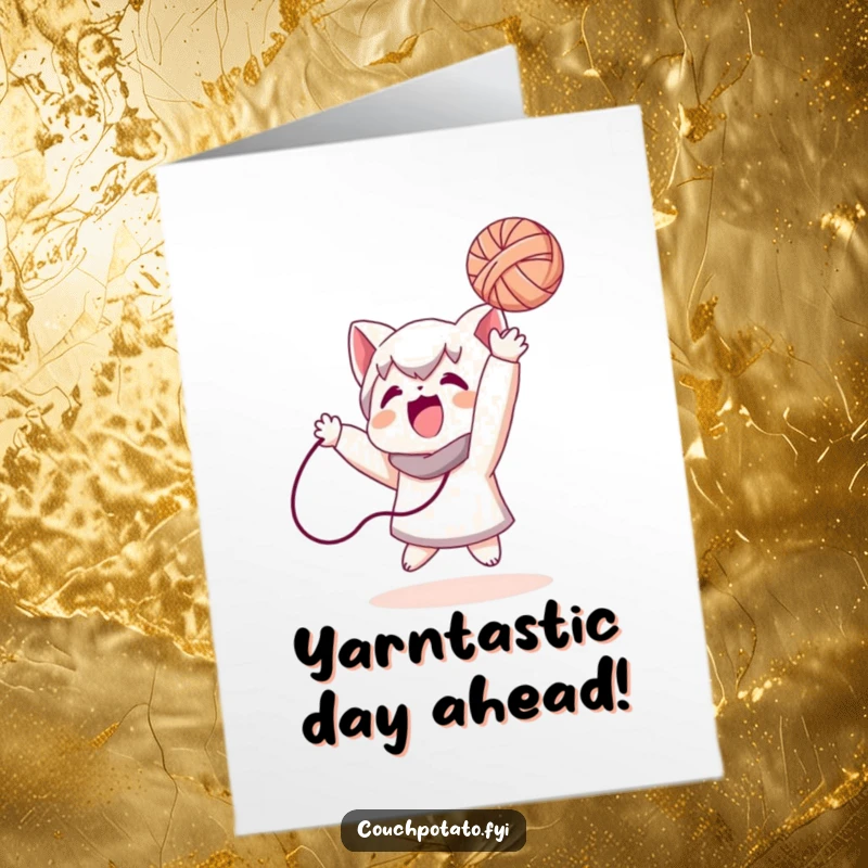 Funny free printable birthday card with a whimsical character playfully tossing a ball of colorful yarn in the air.