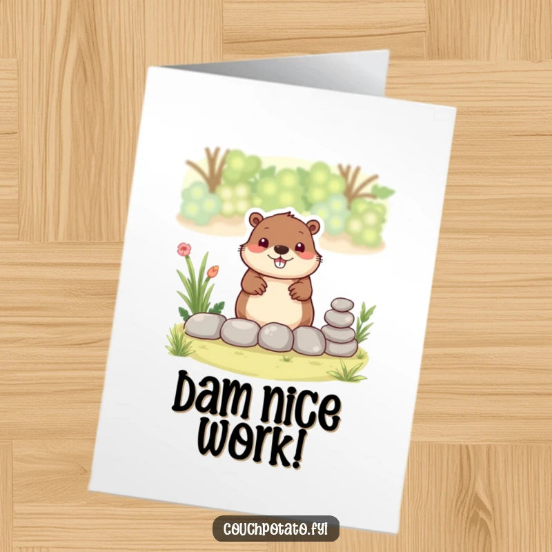Free Printable Beaver Congratulations Card featuring a smiling beaver building a stone border, symbolizing the fruits of hard work and success.