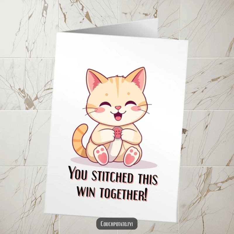Funny Free Printable Congratulations Card: Confident cat sews a button onto fabric, celebrating a successful venture.