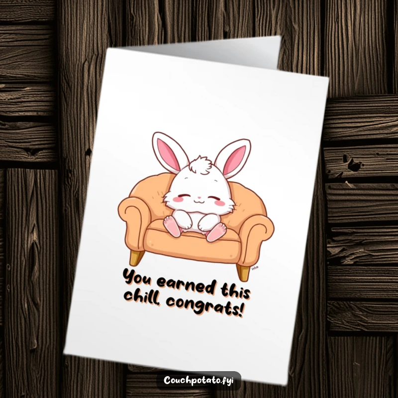 Funny Free Printable Congratulations Card: A fluffy bunny lounges contentedly on a sofa, smiling peacefully.
