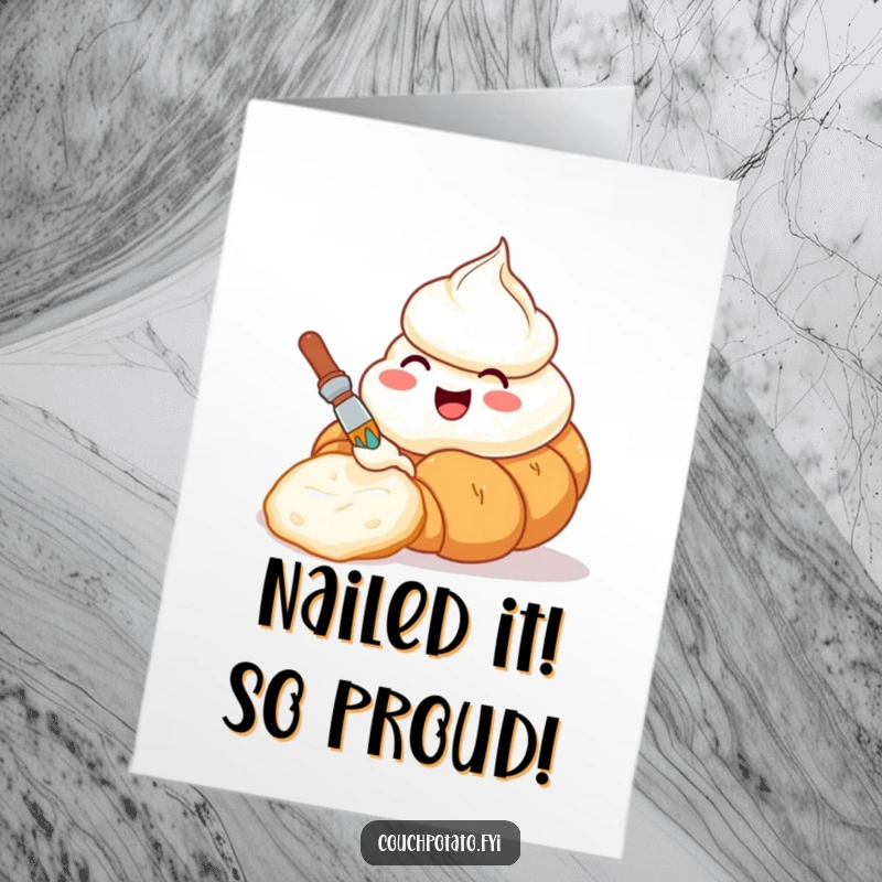 Funny Free Printable Congratulations Card: A happy cream cheese tub is painting a picture of a delicious croissant, congratulating a new success.