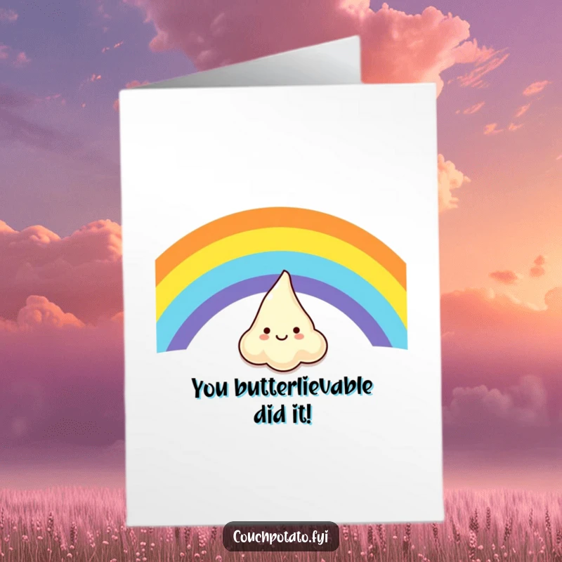 Funny Free Printable Congratulations Card: A giggling cream cheese dollop slides down a rainbow, celebrating an awesome achievement with pure joy.