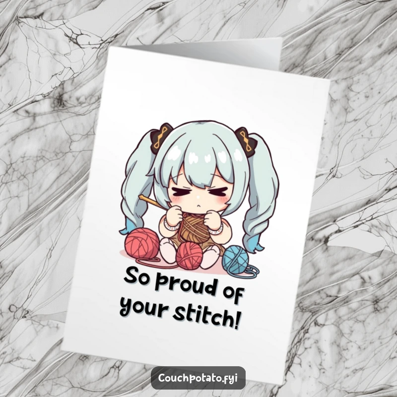 Humorous free printable congratulations card of a character concentrating on knitting, celebrating focused effort with a funny twist.