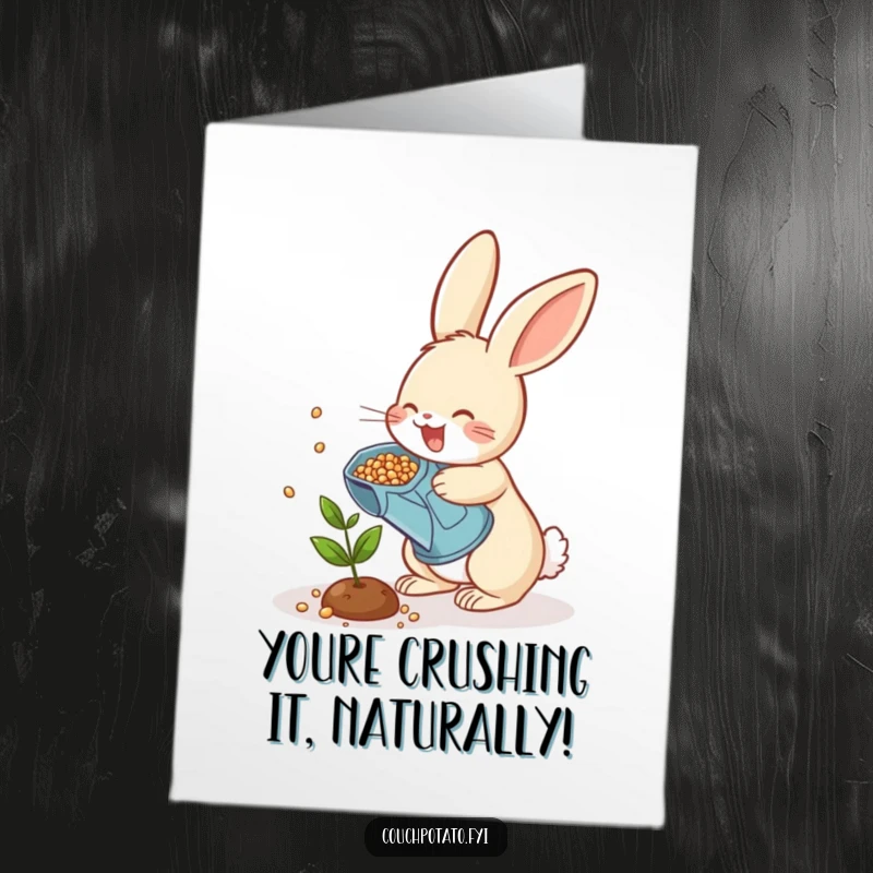 Funny Free Printable Congratulations Card: Cheerful rabbit watering a small plant, symbolizing growth and success.