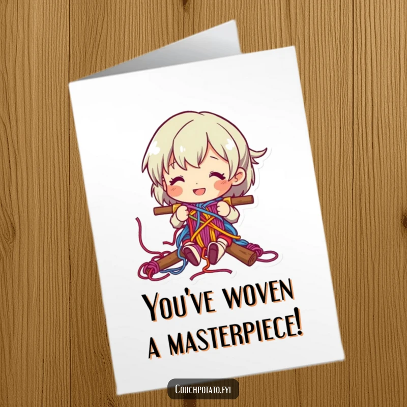 Funny Free Printable Congrats Card: A happy character weaves colorful yarn into a complex pattern, celebrating.