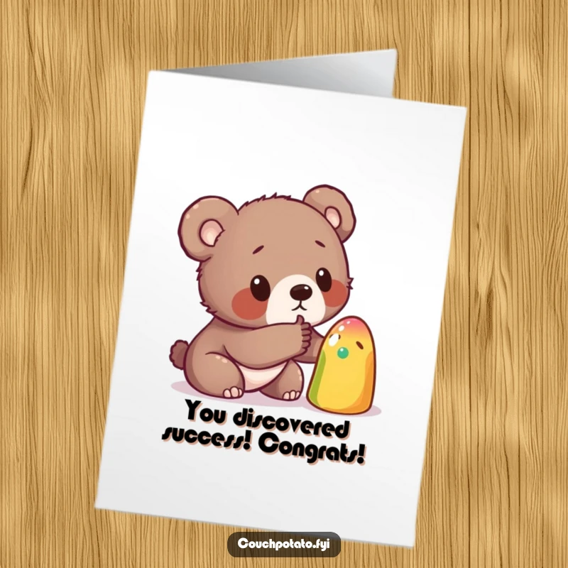 Funny Free Printable Congrats Card: Curious bear cub exploring a strange colorful object, unique DIY gift.