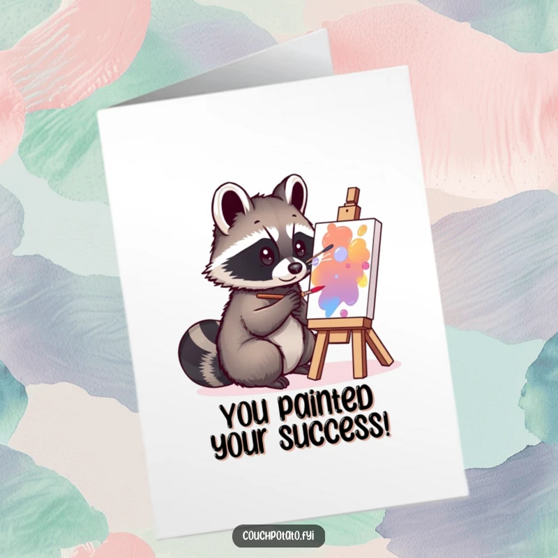 Funny Free Printable Congrats Card: A curious raccoon artistically painting, celebrating success with a unique touch.