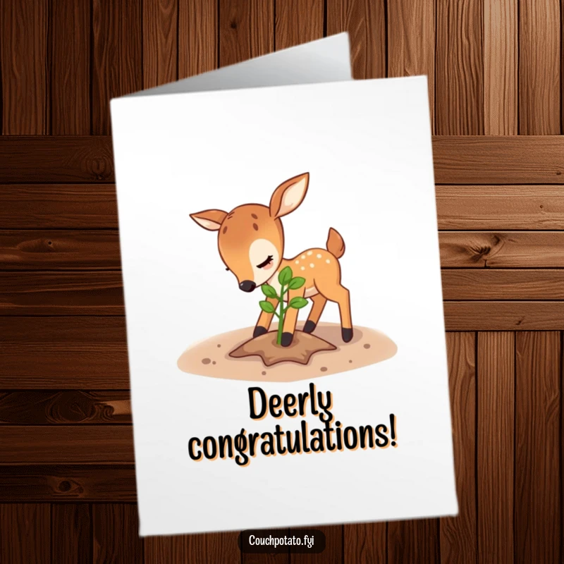 Free Printable Deer Congratulations Card showing a gentle deer nurturing a sapling, celebrating new ventures and successful growth.