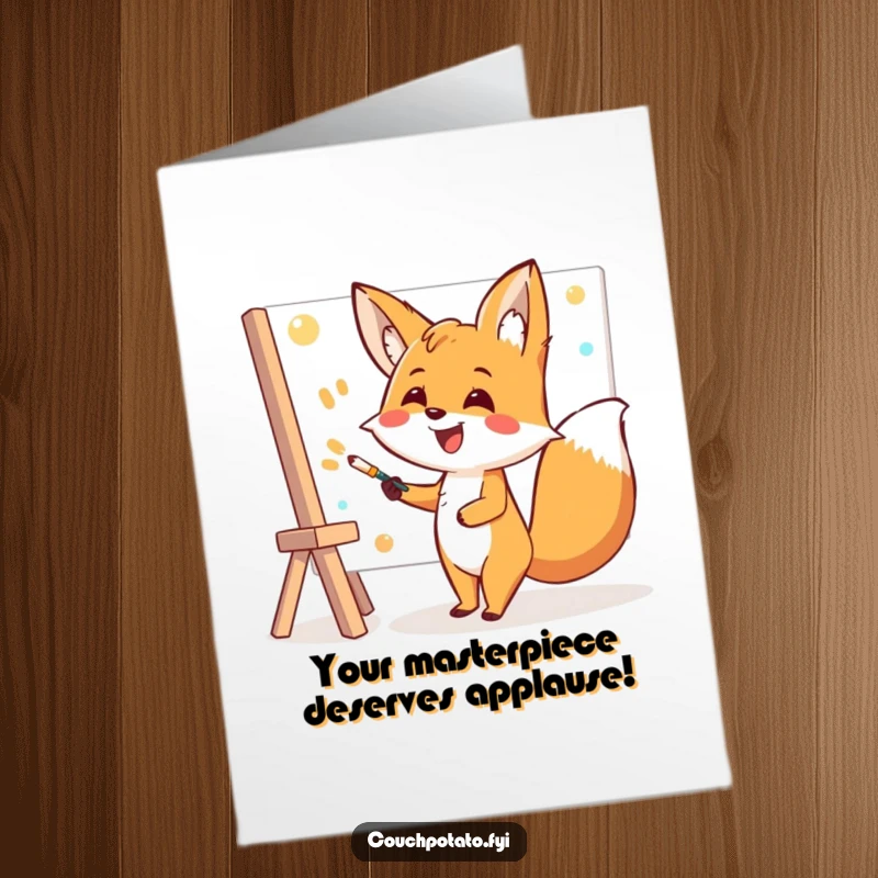 Funny Free Printable Congratulations Card: Smiling fox artist joyfully paints a big canvas, celebrating success.
