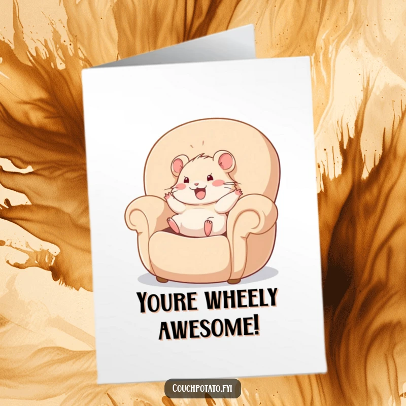 Funny Free Printable Congratulations Card: A cheerful hamster rolls happily in a giant, plush armchair, celebrating success.