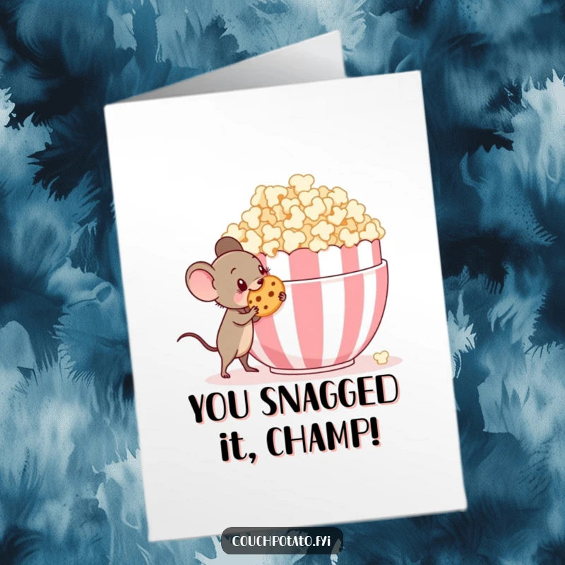Funny Free Printable Congratulations Card: a tiny mouse cleverly sneaks a cookie from a popcorn bowl.
