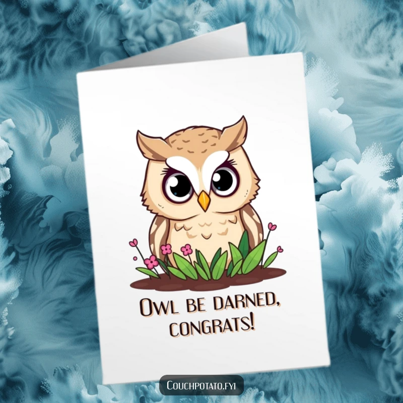 Free Printable Owl Congratulations Card featuring a wide-eyed owl observing a garden, symbolizing curiosity and the joy of discovery.