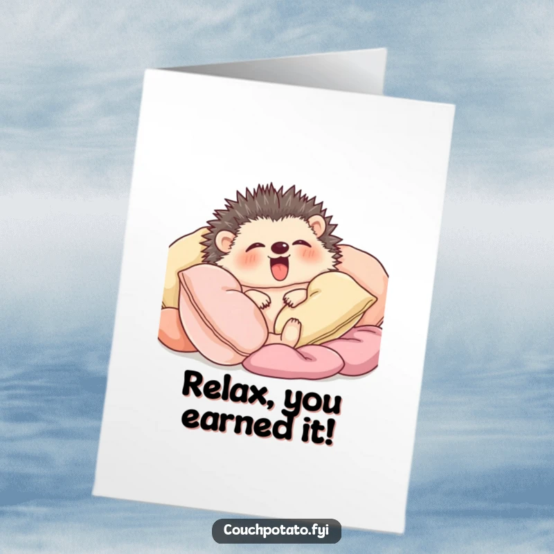 Free printable congratulations card with a content hedgehog yawning widely while snuggled amongst soft cushions.