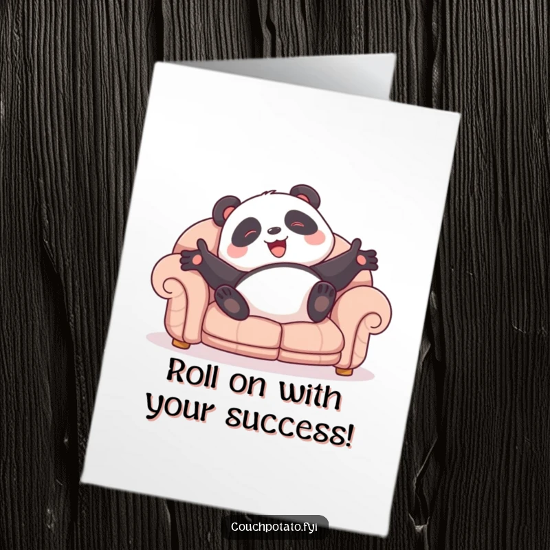 Funny Free Printable Congrats Card: A giggling panda rolls joyfully across a sofa, embracing the moment with open arms.