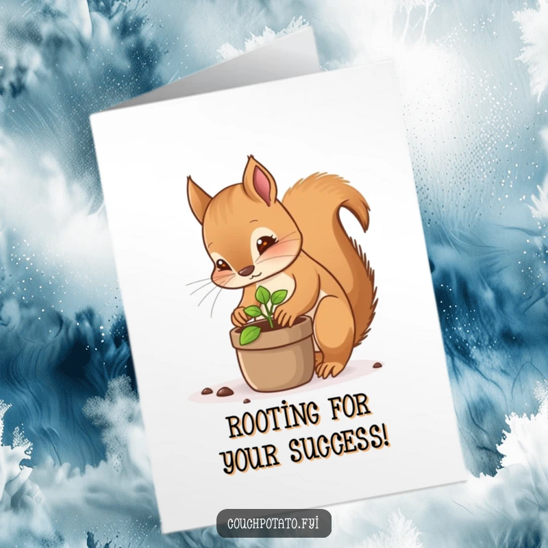 Funny Free Printable Congratulations Card: Focused squirrel planting a tiny sprout, symbolizing growth and new beginnings.