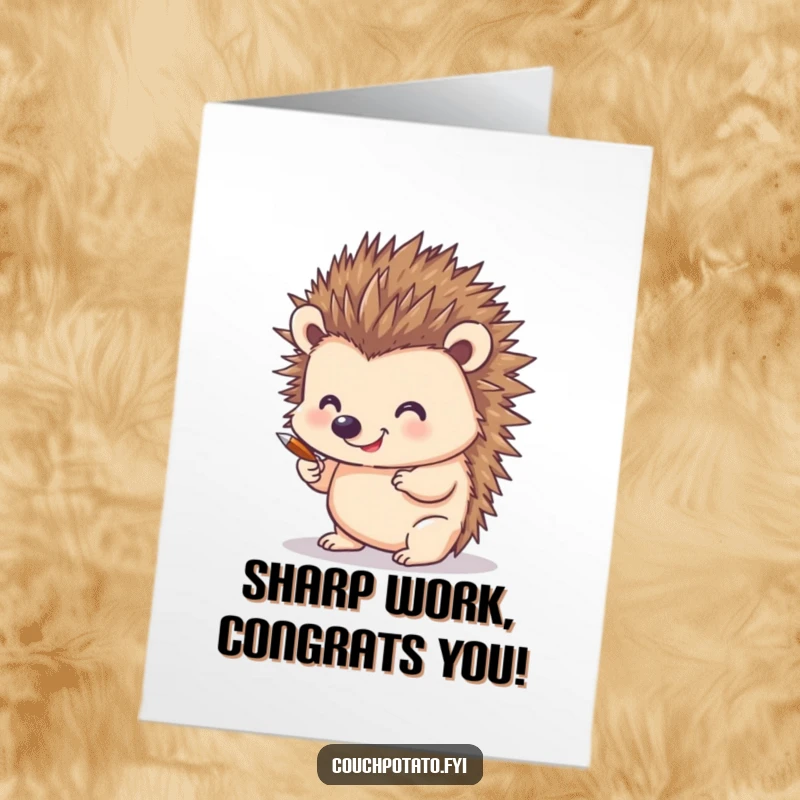 Funny Free Printable Congrats Card: Smiling hedgehog drawing with its quills, ideal for a creative DIY gift.