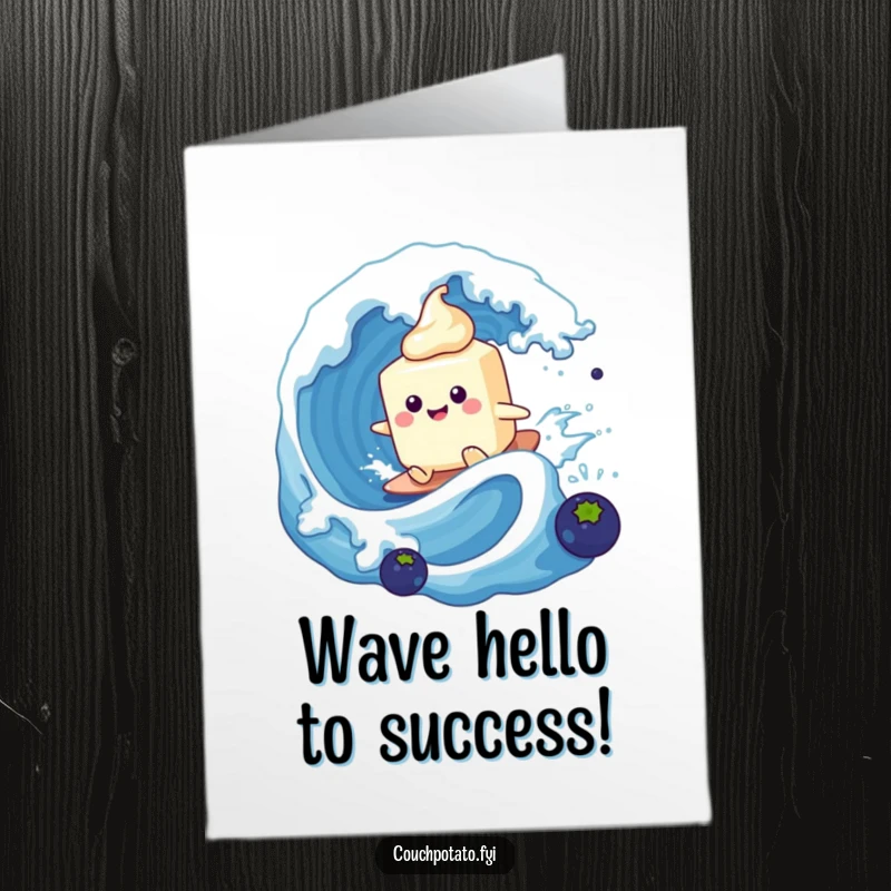 Funny Free Printable Congrats Card with a cream cheese tub catching a massive blueberry wave like a pro.