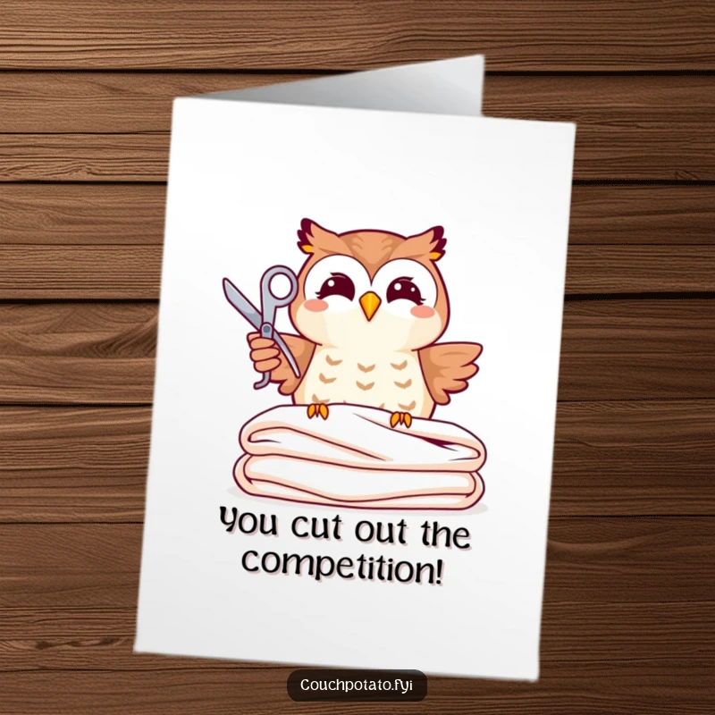Funny free printable congratulations card featuring a joyful owl character ready to cut a neatly folded piece of fabric with scissors.