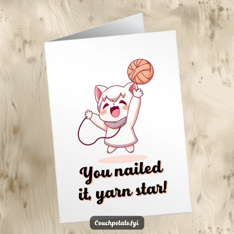 Humorous free printable congratulations card showcasing a character tossing yarn, celebrating achievements with a playful spirit.