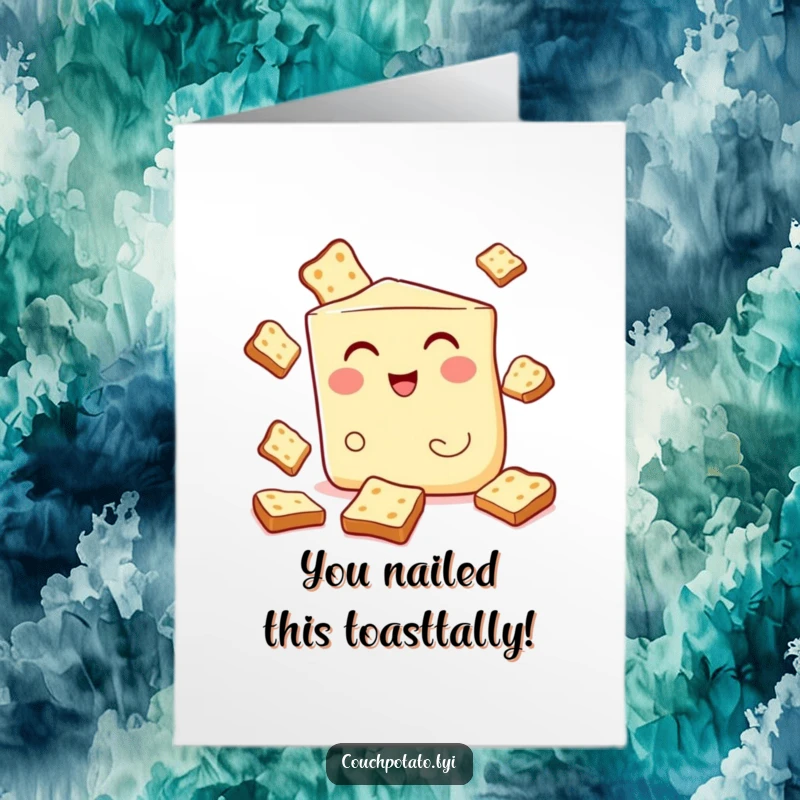 Funny Free Printable Congratulations Card featuring a winking cream cheese wedge expertly juggling pieces of toast, celebrating success.