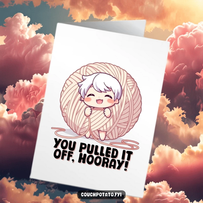 Funny Free Printable Congrats Card: Character grinning, pulling a long yarn thread, symbolizing great achievements and possibilities.