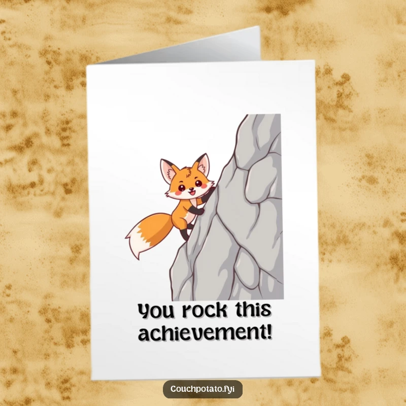 Funny Free Printable Congrats Card: A smiling fox triumphantly scaling a sheer rock face, celebrating your amazing accomplishment.
