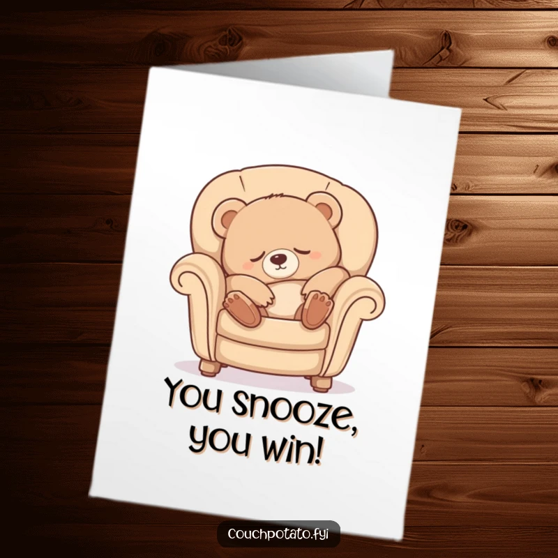 Funny Free Printable Congratulations Card: Sleepy bear cub stretching into an armchair, celebrating achievements with comfort.