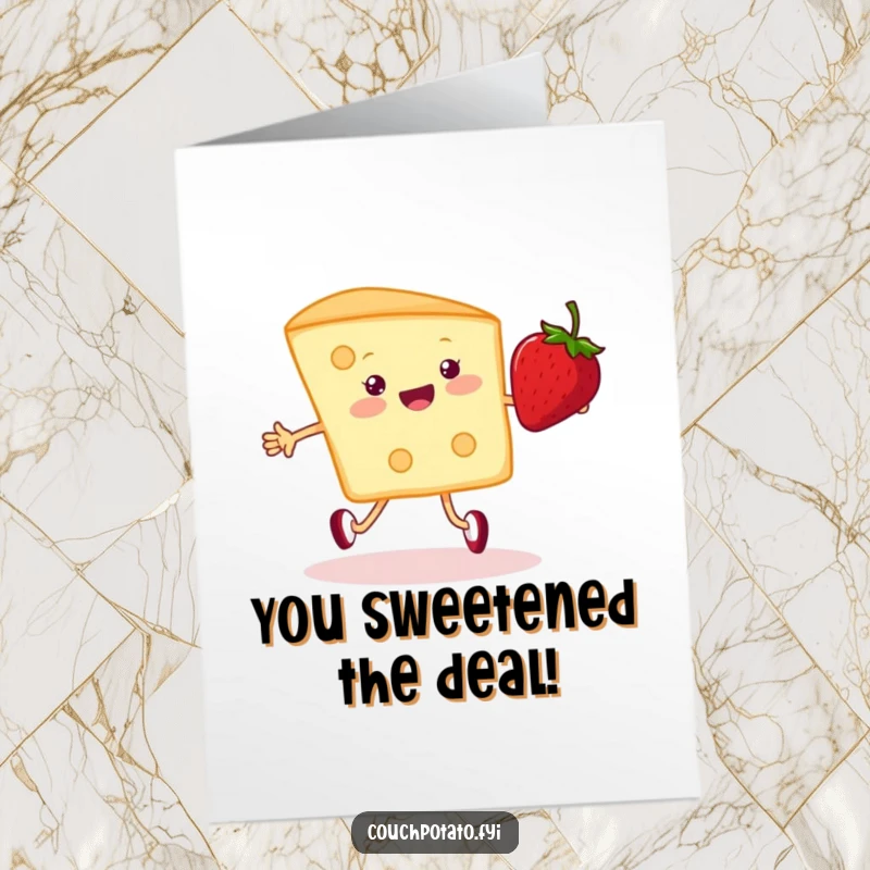 Funny Free Printable Congratulations Card with a Cream Cheese Wedge Happily Jumping Rope with Strawberry