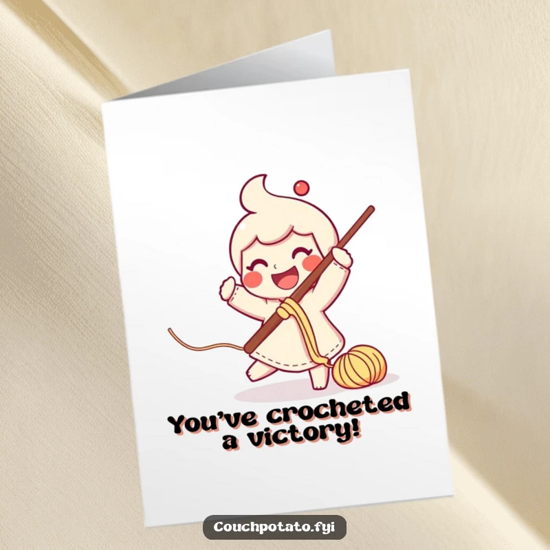 Funny Free Printable Congrats Card: An enthusiastic crocheter swings a large hook, yarn trailing, celebrating.
