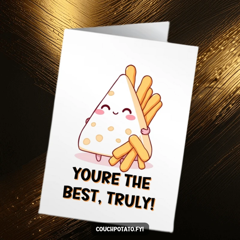 Funny Free Printable Congratulations Card: A triangle of cream cheese, clearly smitten, offers a bouquet of tiny breadsticks to celebrate.