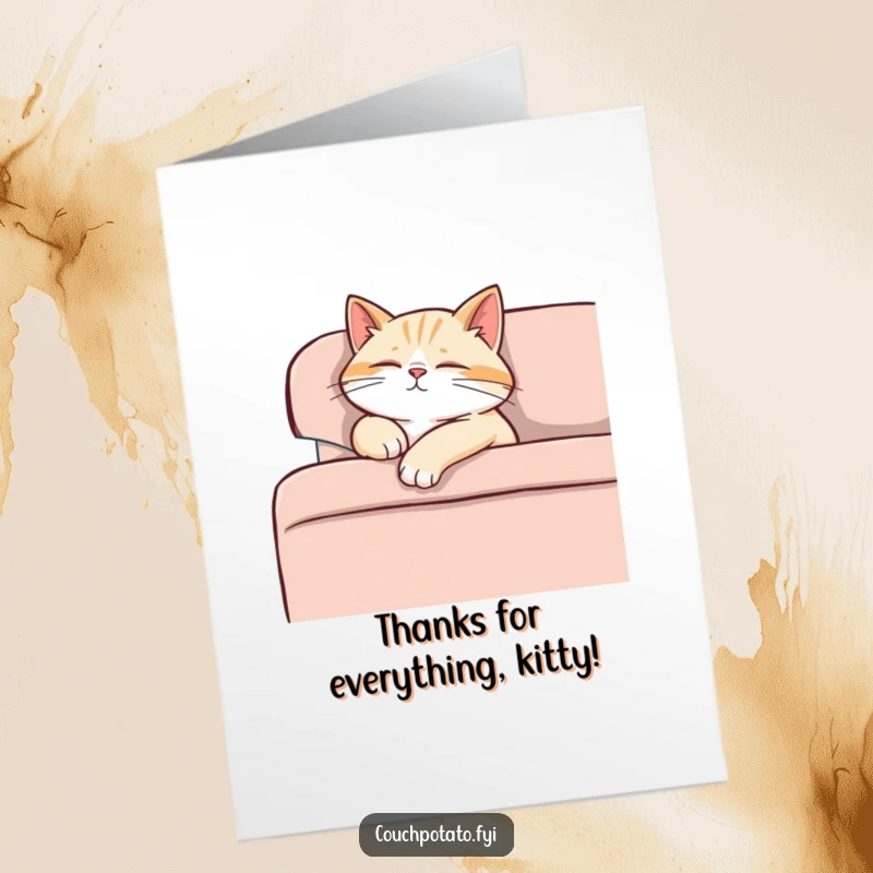 Funny Free Printable Thank You Card: a relaxed cat dreams sweetly on a sofa.