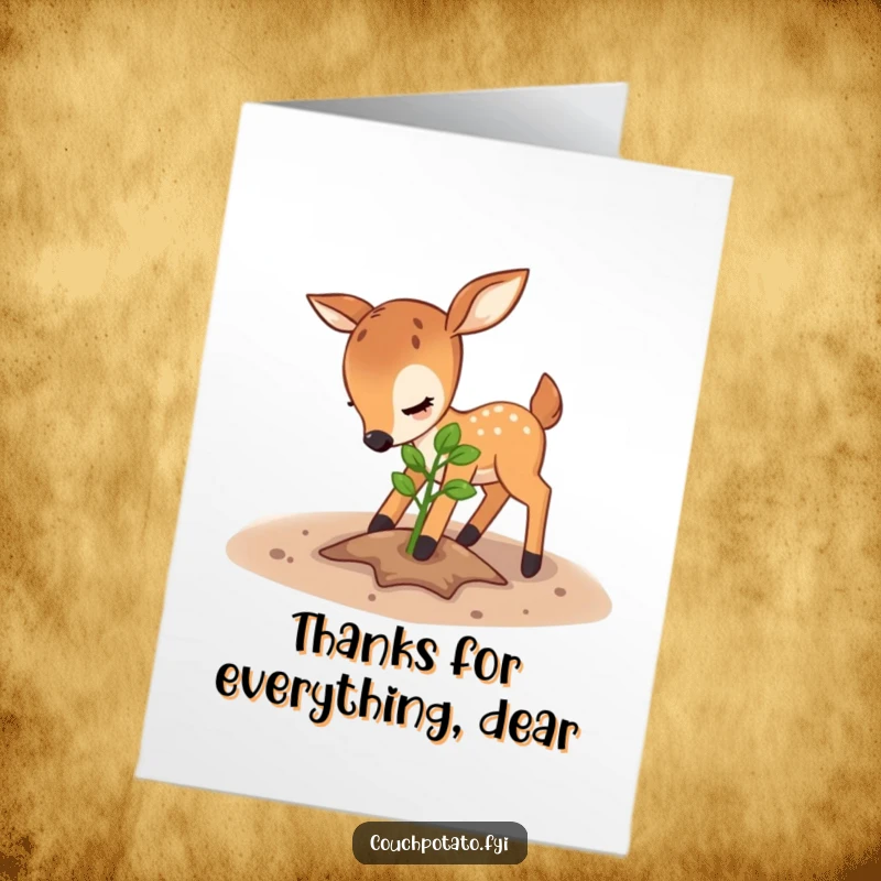 Free Printable Deer Thank You Card depicting a caring deer tending to a sapling, expressing sincere gratitude and gentle appreciation.