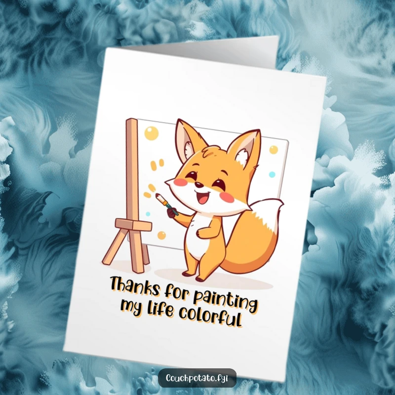 Funny Free Printable Thank You Card: Enthusiastic fox with a smile painting a canvas, conveying heartfelt thanks.