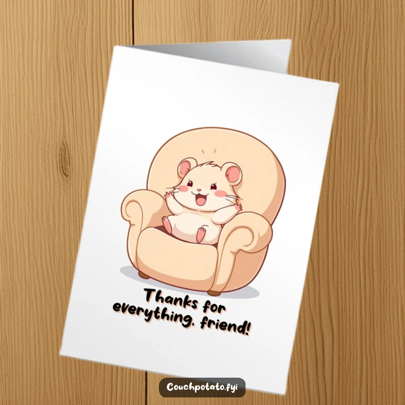 Funny Free Printable Thank You Card: A cheerful hamster rolls happily in a giant, plush armchair, saying thanks.