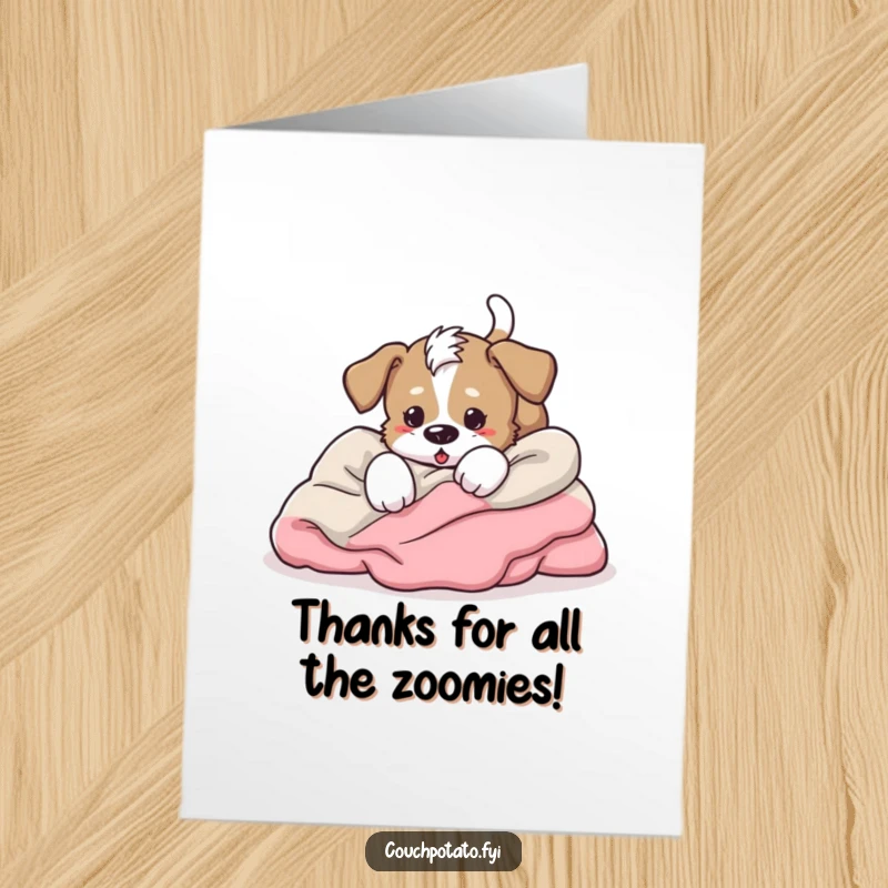 Funny Free Printable Thank You Card: an energetic puppy plays joyfully in soft blankets.