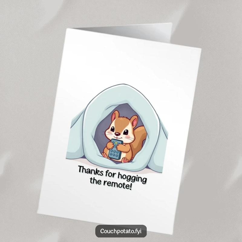 Funny Free Printable Thank You Card: a curious squirrel peeks from a blanket fort, holding a remote.