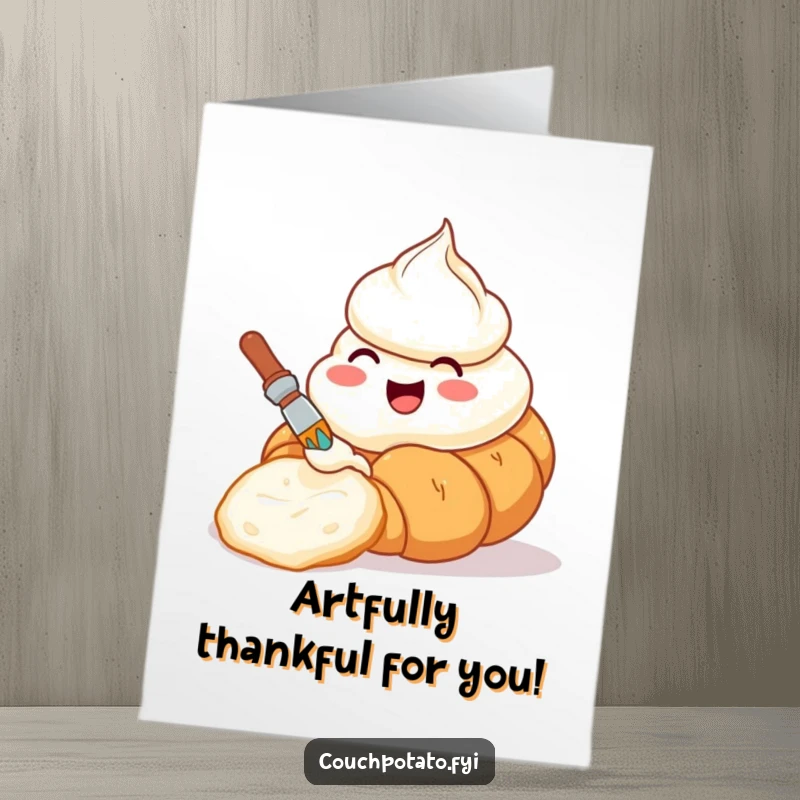 Funny Free Printable Thank You Card: A delighted cream cheese tub paints a croissant, sending a charming thank you note with artistic flair.