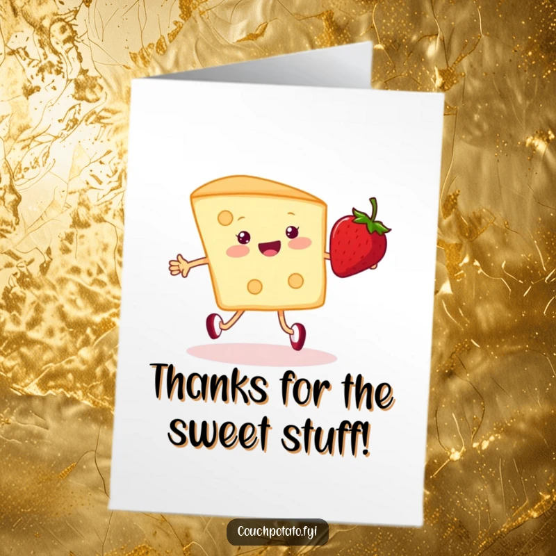 Funny Free Printable Thank You Card of a Cream Cheese Wedge Happily Jumping Rope with a Strawberry