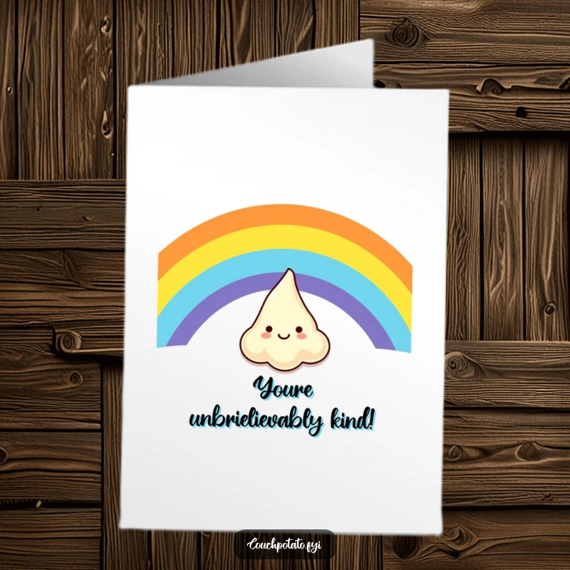 Funny Free Printable Thank You Card: A happy cream cheese dollop slides down a rainbow, expressing thanks with uncontrollable giggles.
