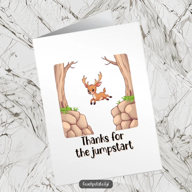 Funny Free Printable Thank You Card: A determined deer bravely attempts to jump a massive, challenging gap, symbolizing great thanks.