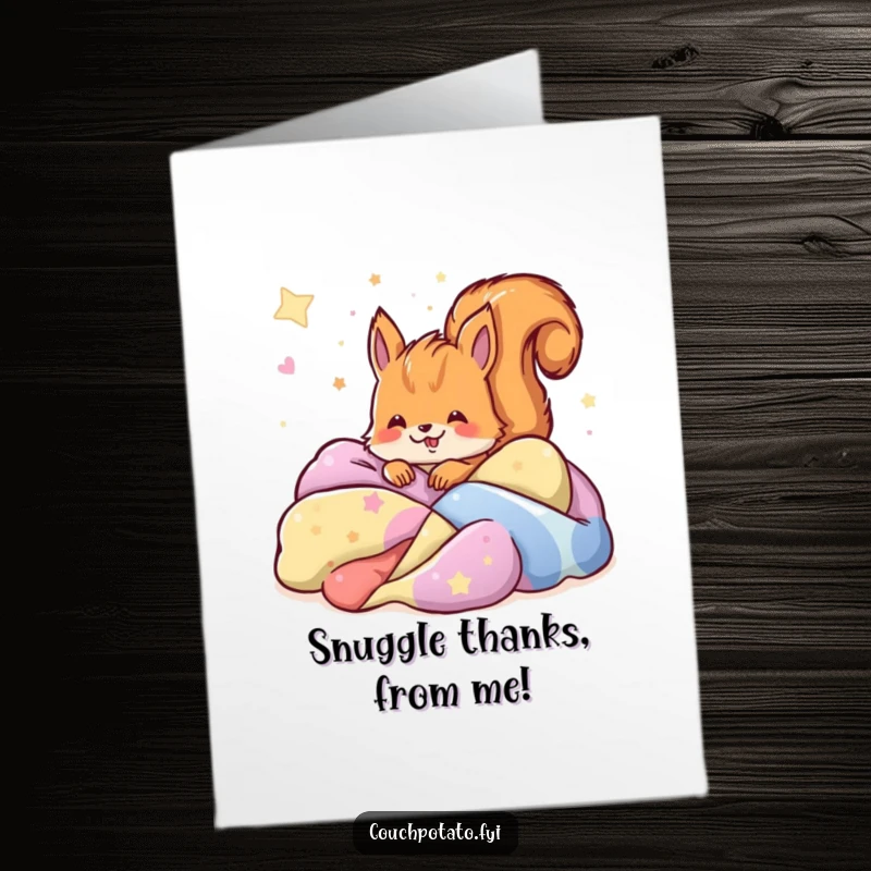 Funny free printable thank you card: a joyful squirrel dreams peacefully while buried in a pile of colorful blankets.