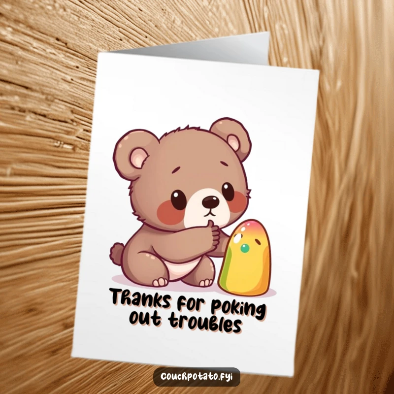 Funny Free Printable Thank You Card: Curious bear cub poking a strange colorful object, perfect DIY gift.