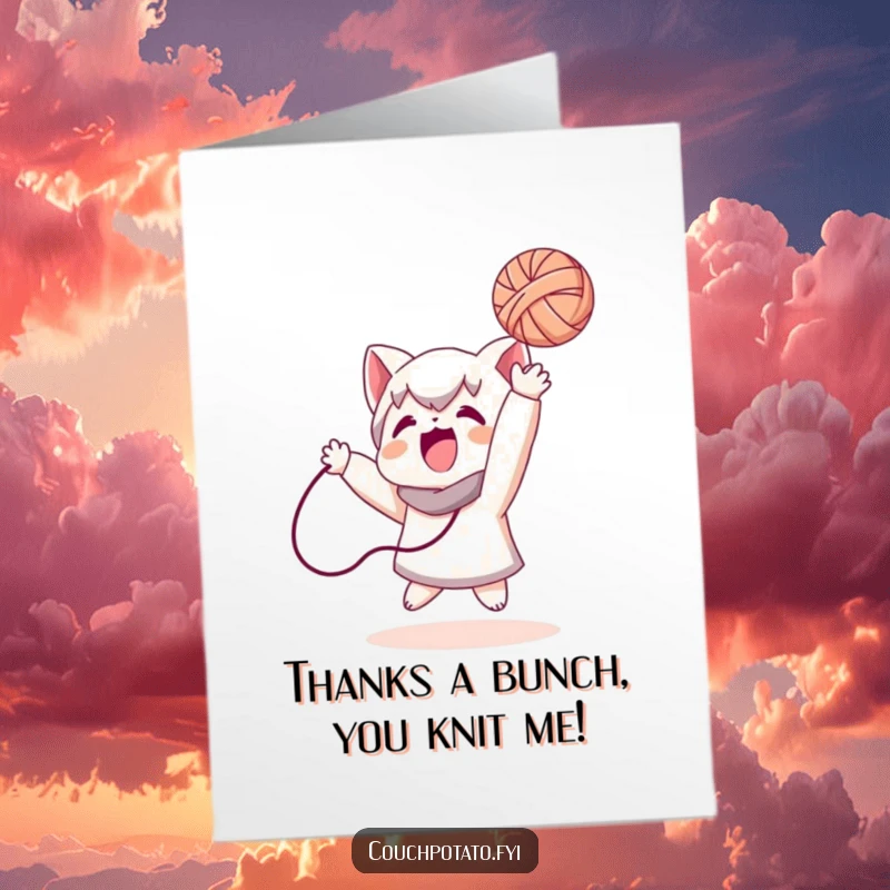 Funny free printable thank you card featuring a character joyfully tossing yarn, conveying gratitude with humor and charm.