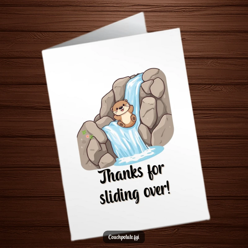 Funny Free Printable Thank You Card: A happy otter slides down a steep, rocky waterfall, bringing a splash of fun and thanks.