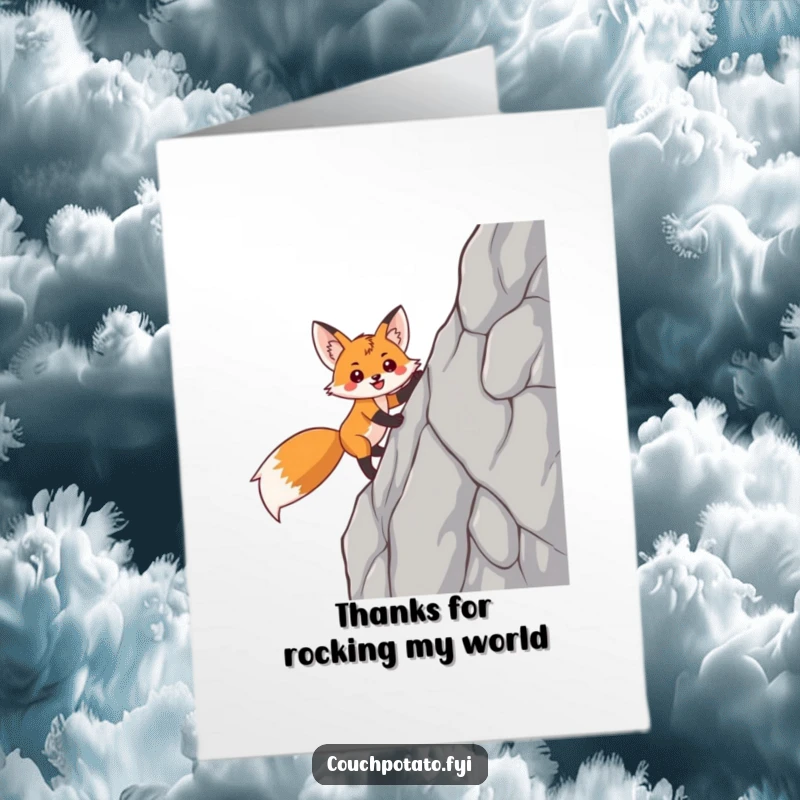 Funny Free Printable Thank You Card: A happy fox scaling a sheer rock face, conveying gratitude for their efforts.