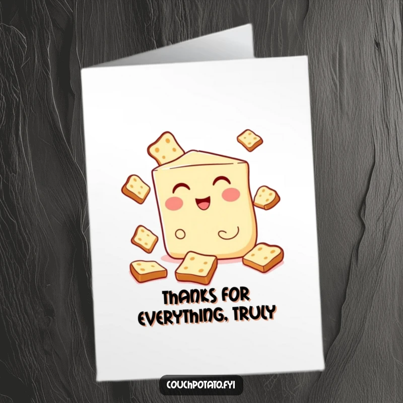 Funny Free Printable Thank You Card of a winking cream cheese wedge juggling toast, perfect for a cheesy thank you.