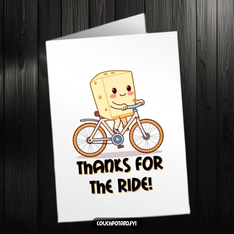 Funny Free Printable Thank You Card with a cream cheese character delivering thanks on a cracker bike.
