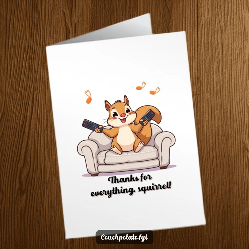 Funny Free Printable Thank You Card: A squirrel enthusiastically juggles TV remotes, a chaotic yet charming way to say thanks.
